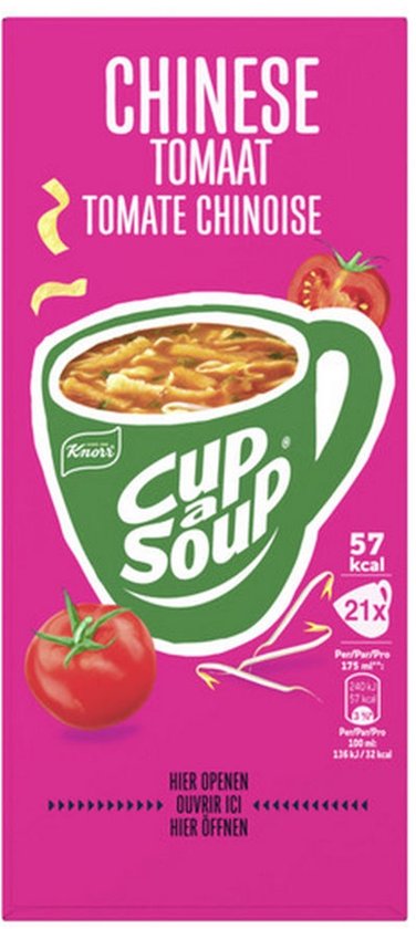 Roze verpakking Knorr Cup-a-Soup Chinese tomaat met afbeelding van een groene soepbeker en verse tomaten.