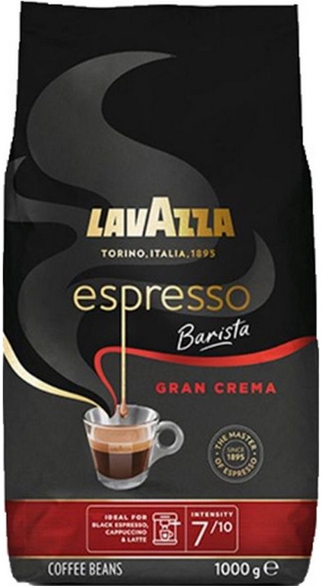 Zwarte zak Lavazza Espresso Barista Gran Crema koffiebonen, 1000g, met afbeelding van een kopje espresso en intensiteit 7/10.