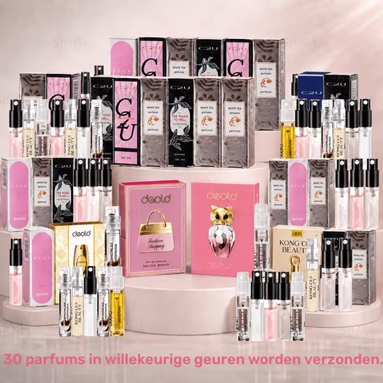 Collectie van 30 diverse miniatuurparfums in kleurrijke doosjes en glazen verstuivers.