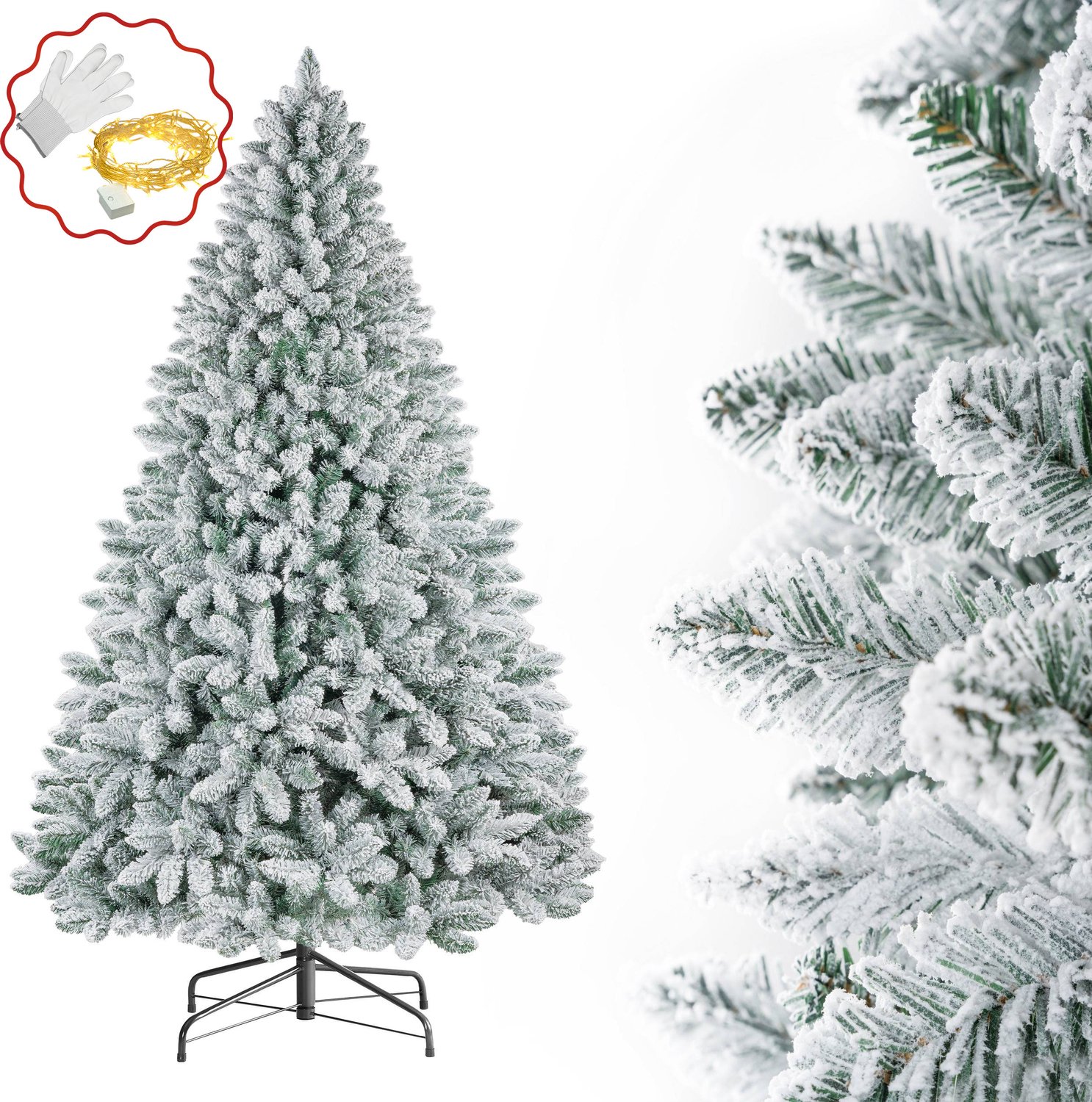 Sinaopus Besneeuwde Kunstkerstboom 210 cm – Extra Volle PVC Kerstboom met 1381 Takpunten – Winterse Sneeuwlook – Stevige Metalen Voet – LichtSnoer Inbegrepen