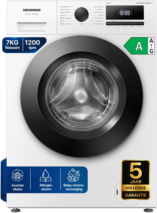 Heinner HWM-HME7012IVSMA+++ Slanke Wasmachine 7 kg - 47 cm Diep - 1200 toeren - Invertermotor - Energieklasse A - 15 programma's - Stoomfunctie - Anti-Allergie - Kinderslot - Digitaal Display - Wit - 5 Jaar Garantie