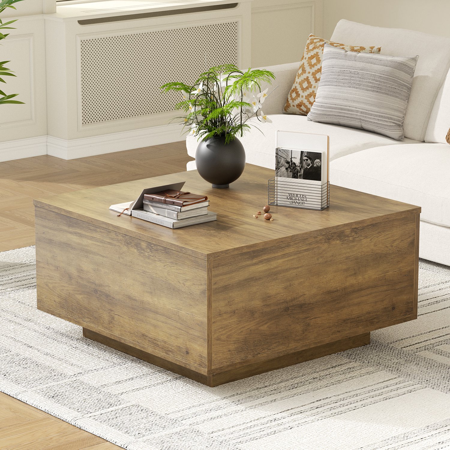 FABATO Hoekige salontafel met liftfunctie-Houten salontafel met opbergruimte-Landhuisdesign met verborgen opbergvak-Tafel met hefbaar blad voor woonkamer en thuiskantoor-Eiken