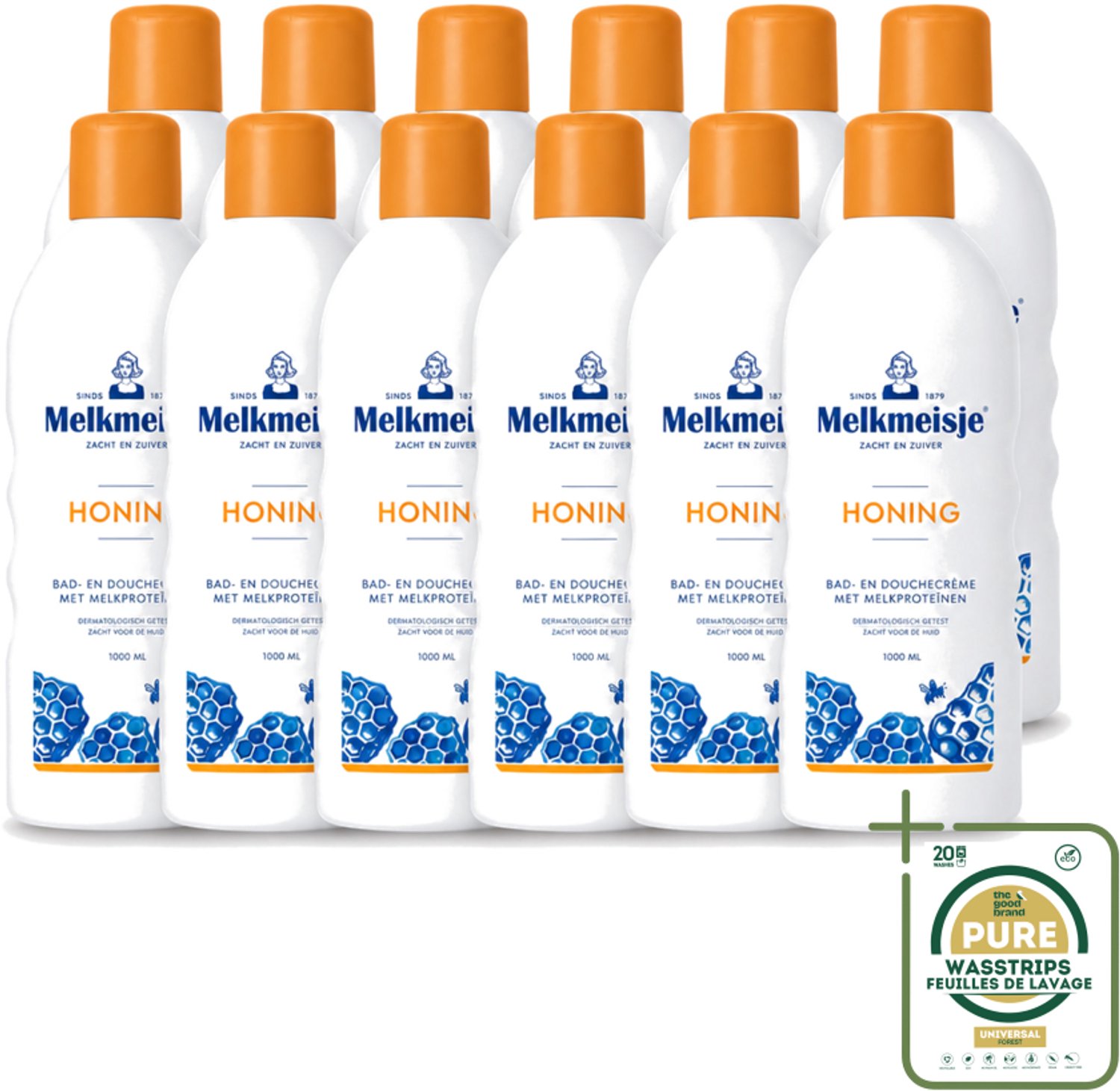 12 x Melkmeisje – Bad & Douche – Honing – 1000 ml - Wasstrips - Bad En Douche Crème - Honing Crème - Voedend Badmiddel - Verzorgend Badmiddel - Honinggeur