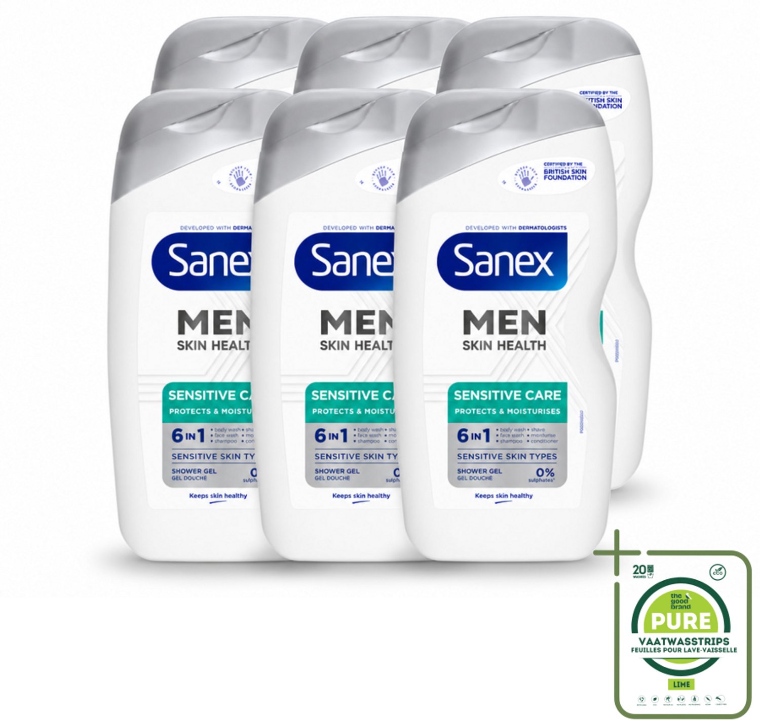 6 x Sanex – Douchegel – Men Sensitive – 400 ml - Grootverpakking - Vaatwasstrips - Gevoelige Mannenhuid - Douchegel - Scheergel - Lichaamsschoonheid - Gezichtsverzorging