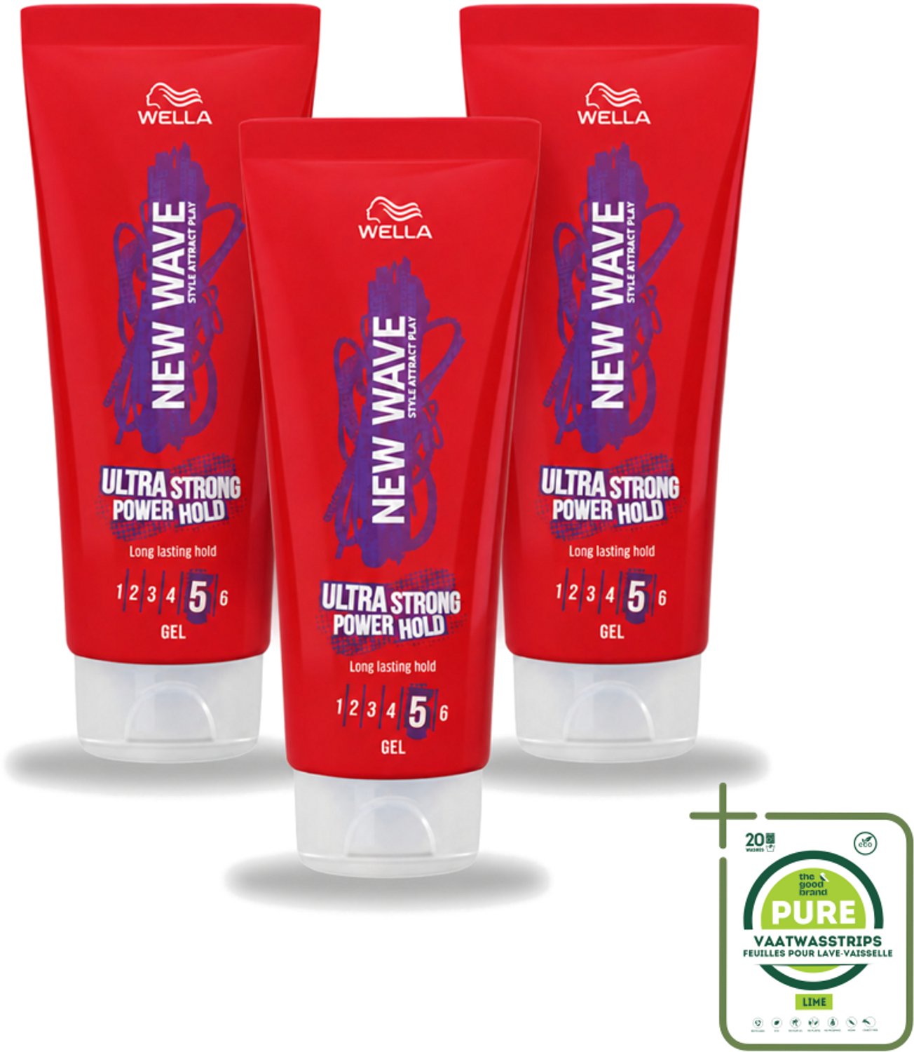 3 x Wella – New Wave Ultra Strong Power Hold – Haargel – 200 ml - Grootverpakking - Vaatwasstrips - Haarkleur - Haartypen - Haartypen - Haartypen - Haartypen