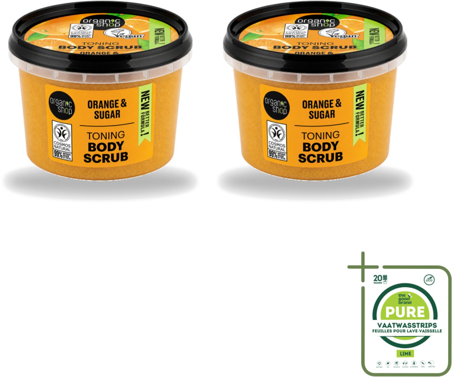 2 x Organic Shop - Body Scrub Orange - Verzorgend en Geurend - 250 ml - Grootverpakking - Vaatwasstrips - Bodyscrub - Huidverzorging - Sinaasappelolie - Exfoliatie - Natuurlijke Huidverzorging