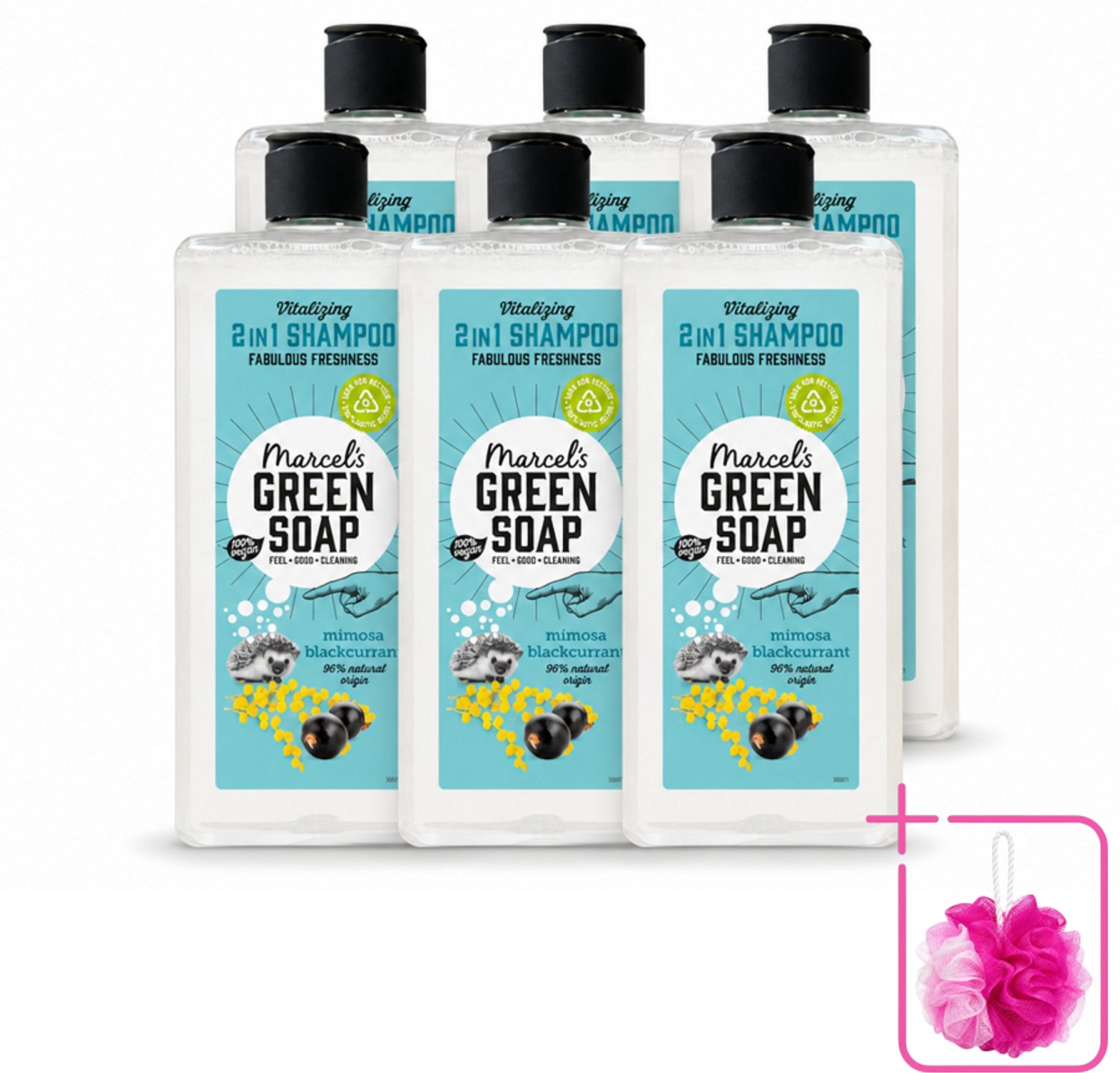 6 x Marcel's Green Soap - Shampoo & Conditioner 2-in-1 - Mimosa & Black Currant - Verzorging in één - 300 ml - Bulkverpakking - Haarverzorging - Douchemop - Natuurlijke shampoo