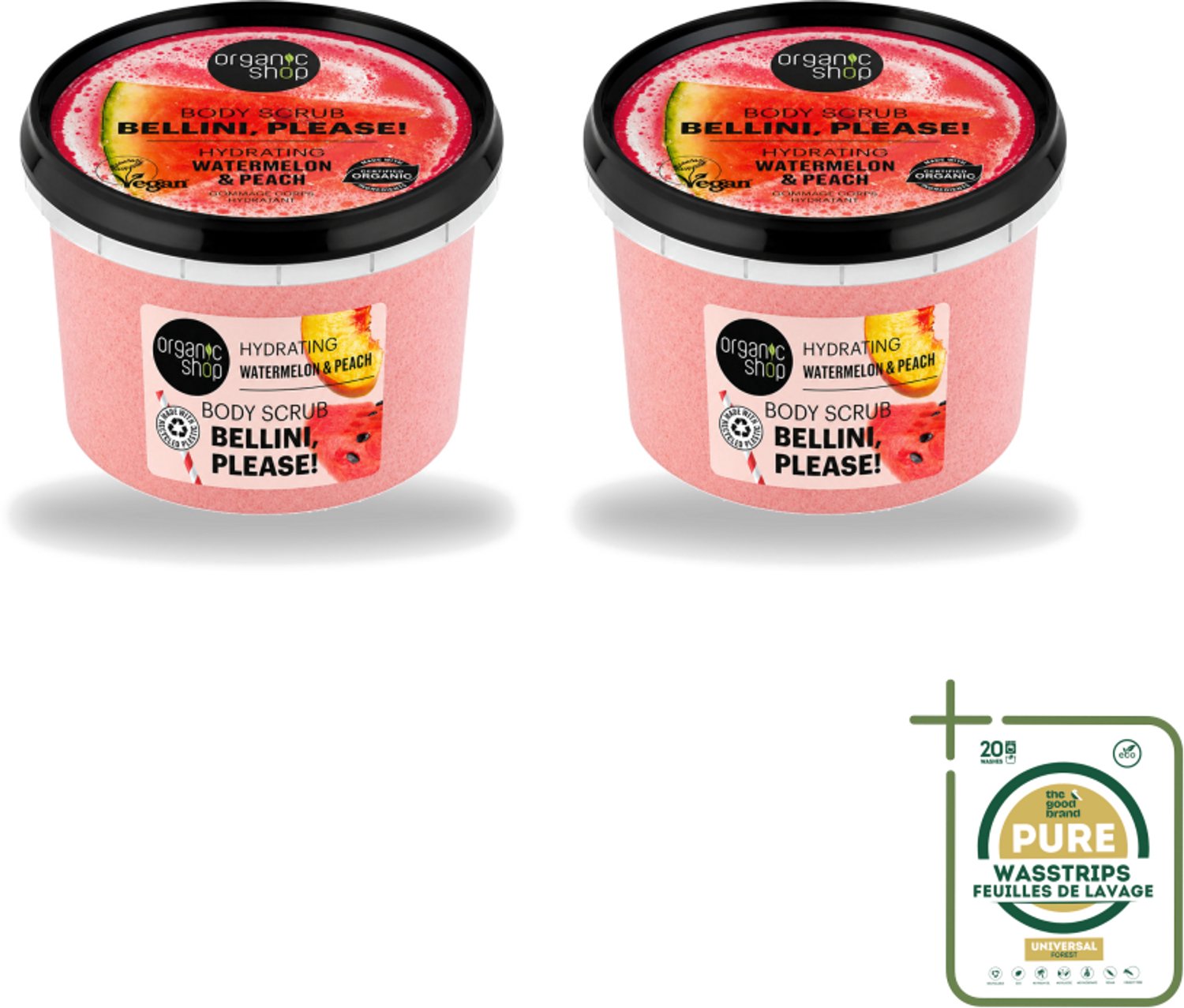 2 x Organic Shop - Body Scrub Watermelon & Peach - Hydratatie en Frisheid - 250 ml - Wasstrips - Bodyscrub - Hydratatie - Exfoliatie - Fruitgeur - Watermeloen