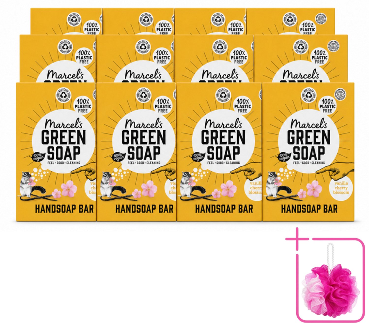 12 x Marcel's Green Soap - Handzeep Bar - Vanille & Cherry Blossom - Krachtige werking - 90 gr - Bulkverpakking - Handzeep bar - Douchemop - Plasticvrije handzeep