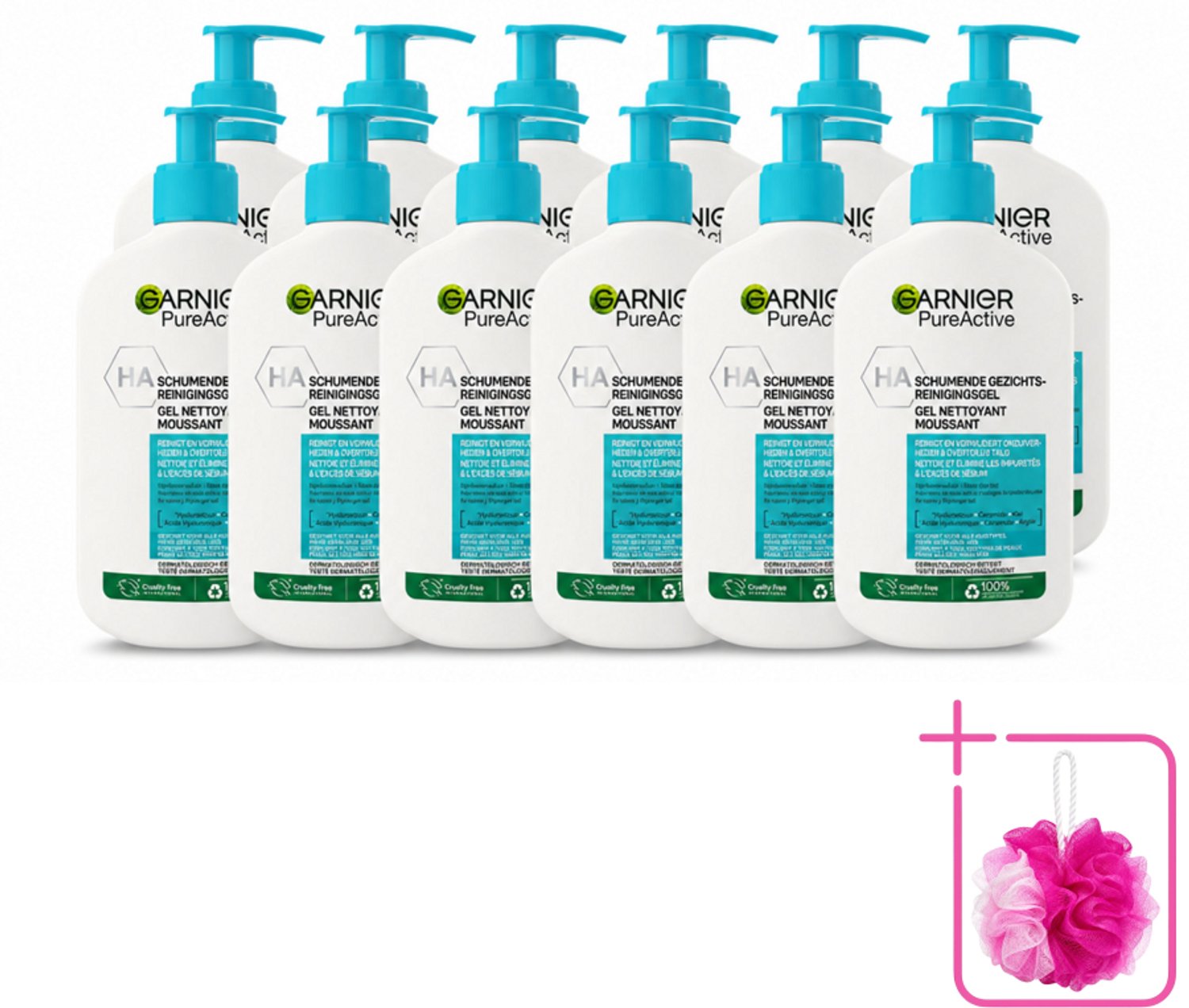 12 x Garnier - Pure Active - Gezichtsreiniger - Hydraterend - 250 ml - Bulkverpakking - Gezichtsreiniger - Douchemop - Hydraat