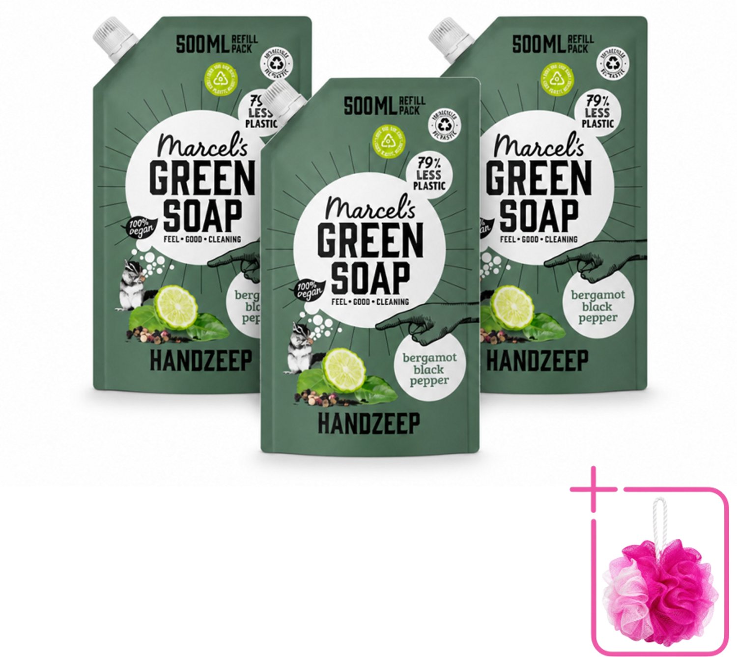 3 x Marcel's Green Soap - Handzeep - Bergamot & Black Pepper - Natuurlijke verzorging - 500 ml - Bulkverpakking - Handzeep navulling - Douchemop - Biologisch afbreekbaar