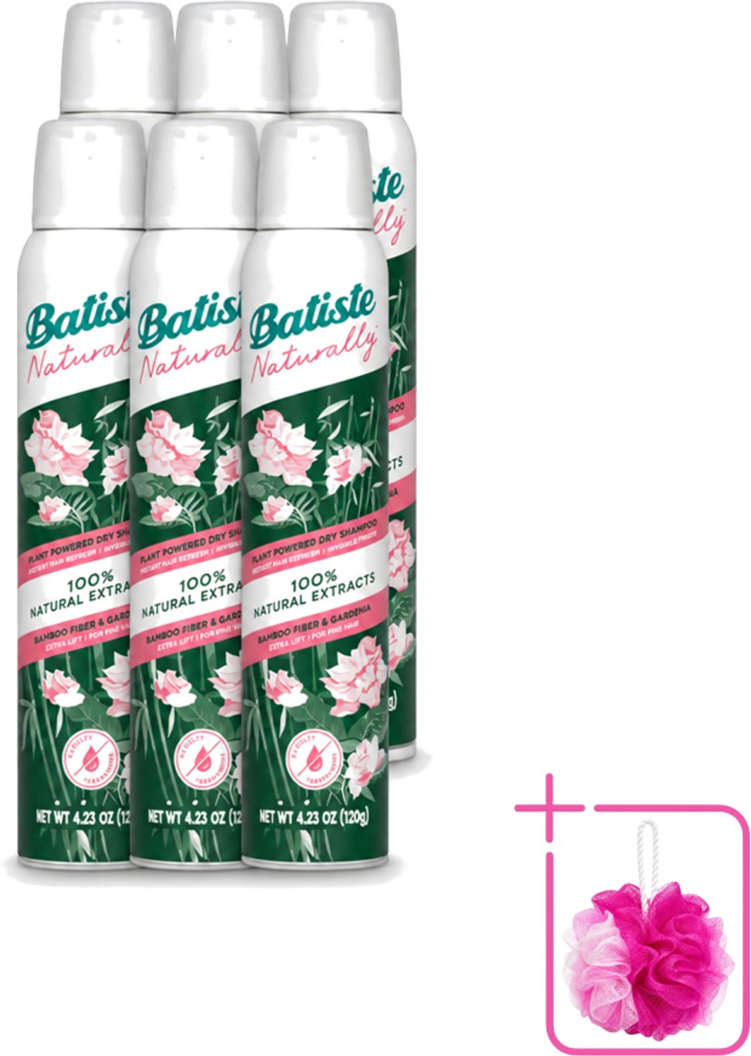 6 x Batiste - Naturally Bamboo Fibre & Gardenia - Droogshampoo - Versterkt en Verfrist - 100% Natuurlijk - 200ml - Bulkverpakking - Natuurlijke haarkleur - Douchemop - Haarkleur verfrissen
