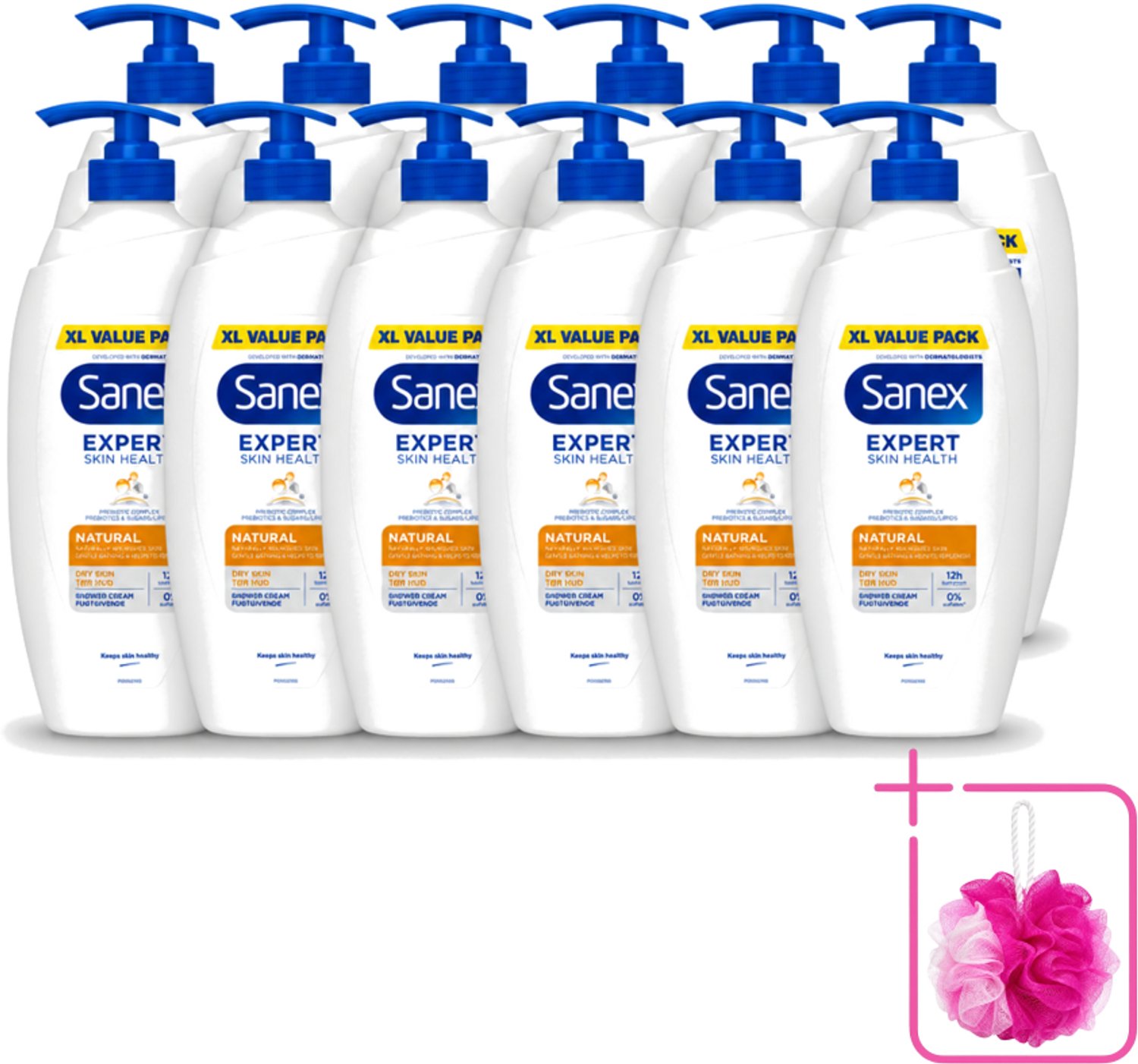 12 x Sanex – Douchecrème – Expert Skin Health Naturals – 750 ml - Bulkverpakking - Gevoelige huid - Douchemop - Huidverzorging