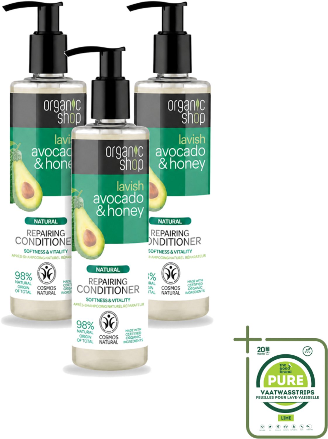 3 x Organic Shop - Natural Repairing Conditioner - Avocado & Honey - 280 ml - Grootverpakking - Vaatwasstrips - Herstel Haar - Natuurlijke Conditioner - Avocado En Honing - Droog Haar - Beschadigd Haar