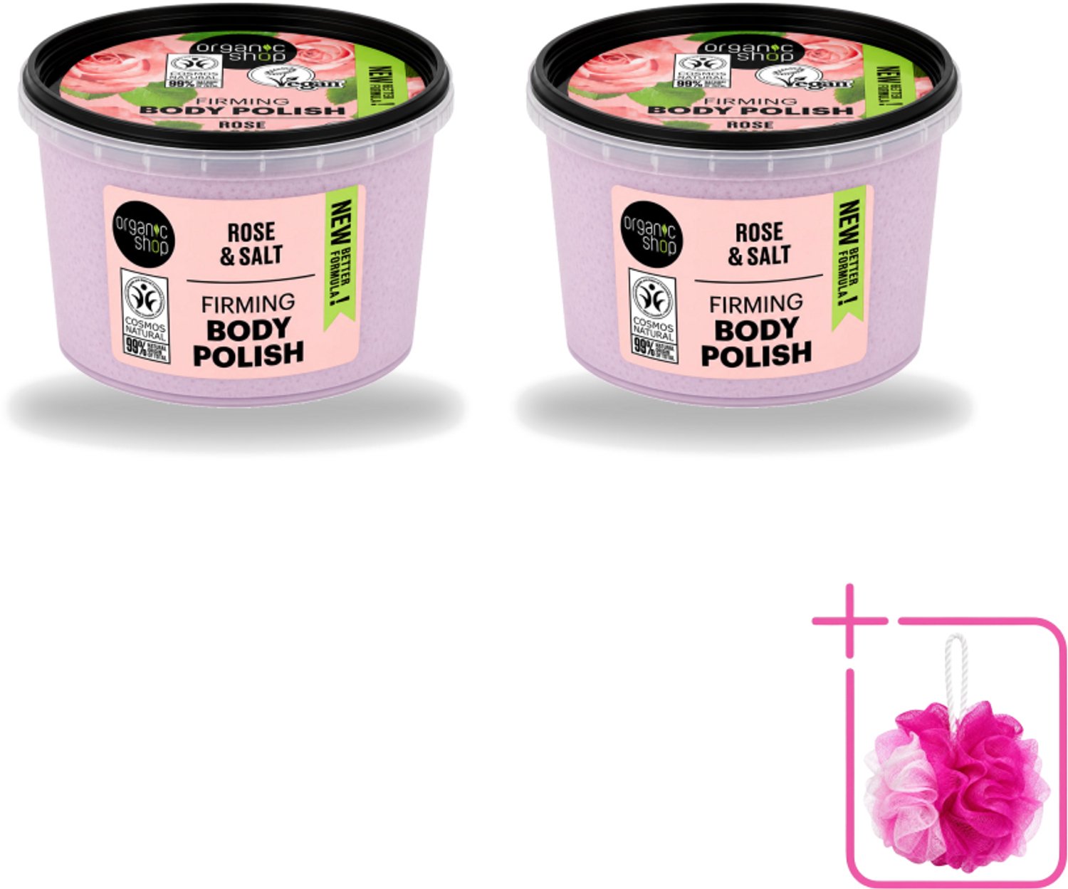 2 x Organic Shop - Body Scrub Rose - Hydraterend en Verzorgend - 250 ml - Bulkverpakking - Bodyscrub - Douchemop - Huidverzorging