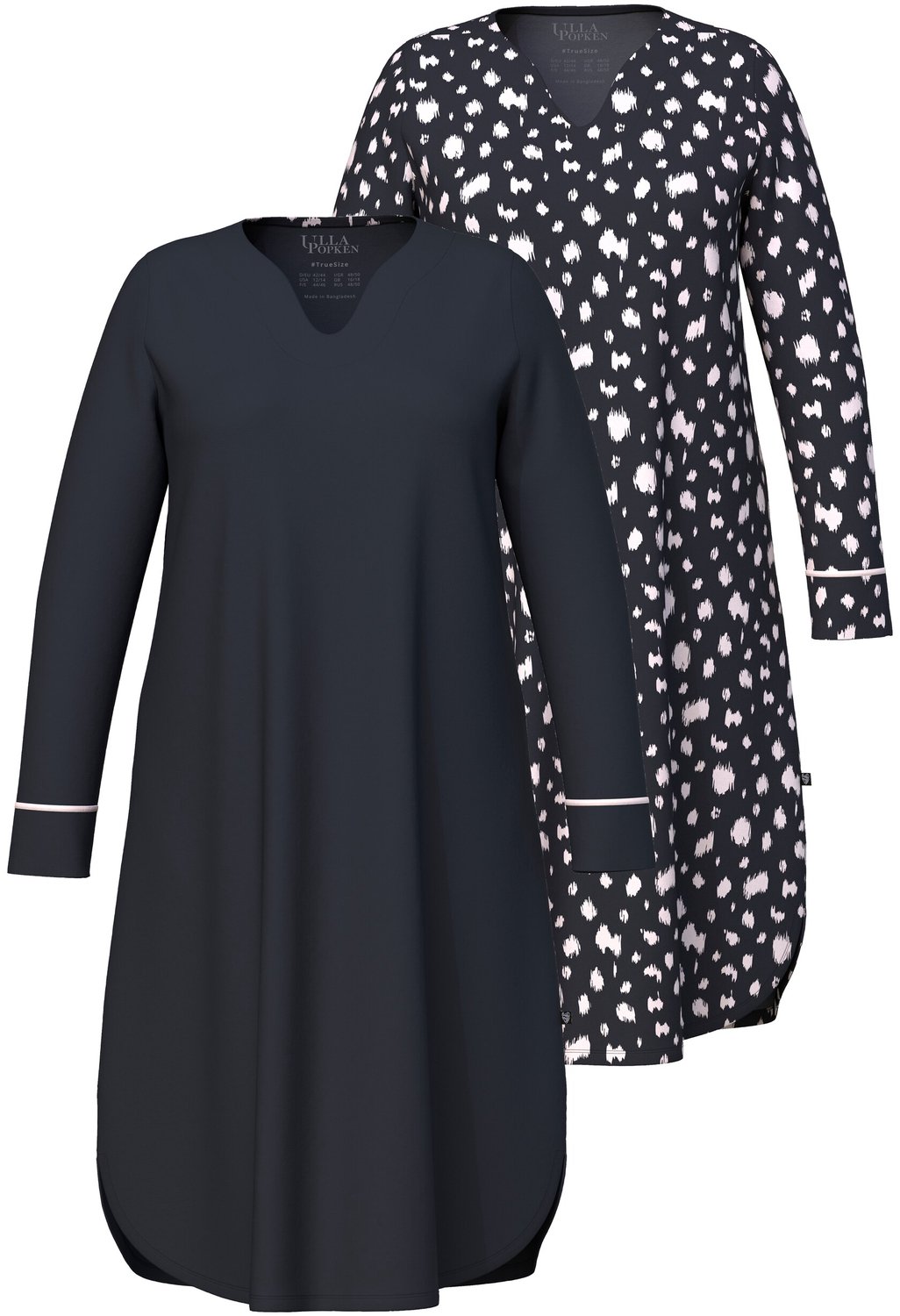 Ulla Popken - Dames - Bigshirts set van 2 dalmatiërpatroon hartvormige hals - Zwart - Maat 42+