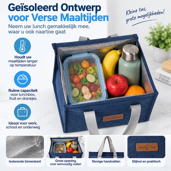 Lunchtas - Geïsoleerde Lunch Tas - Handige Draagtas voor Werk en School - Compacte Koeltas - Grote Opening met Klittenbandsluiting - 25,5 x 22,5 x 13 cm - Blauw — afbeelding 5