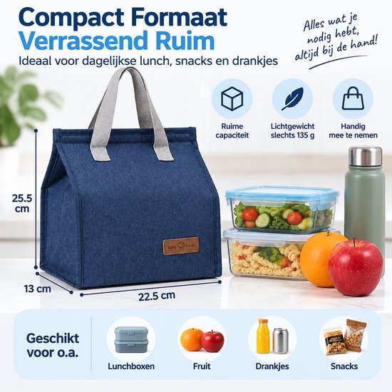 Lunchtas - Geïsoleerde Lunch Tas - Handige Draagtas voor Werk en School - Compacte Koeltas - Grote Opening met Klittenbandsluiting - 25,5 x 22,5 x 13 cm - Blauw — afbeelding 2