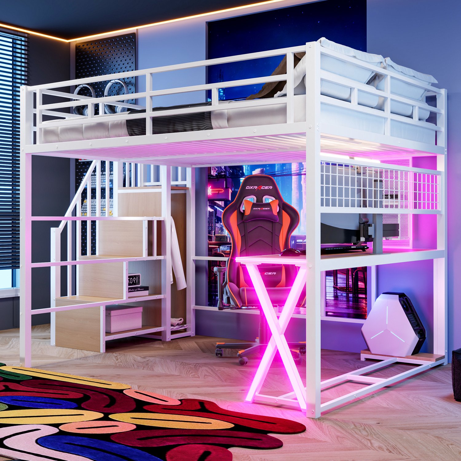 Wishdor Hoogslaper 160x200 cm - Met bureau en kledingkast - Opbergladder met planken - LED-verlichting met afstandsbediening - Slaapkamer met studieplek - Metaal en MDF - Wit