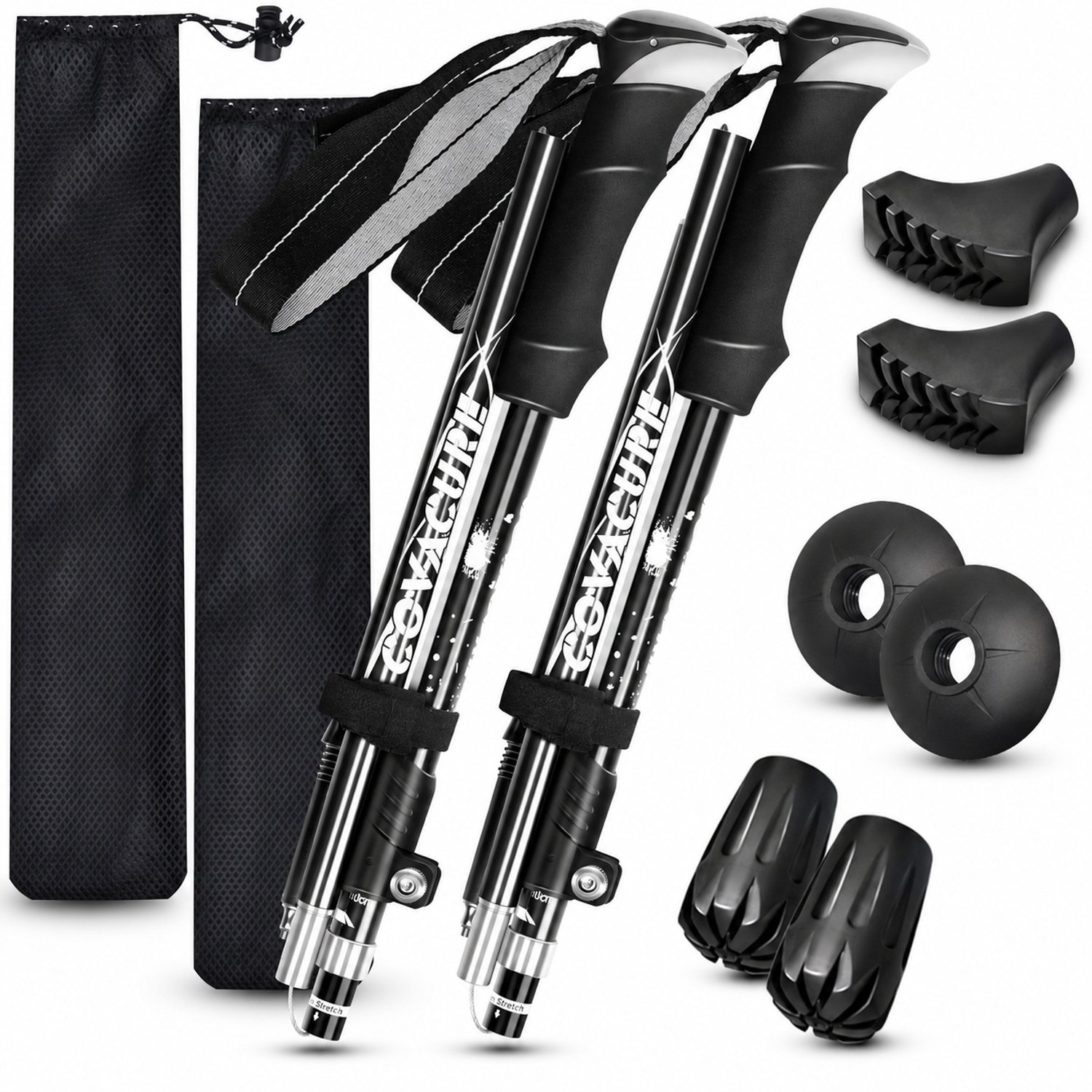 Opvouwbare Wandelstokken – Trekkingstokken 2 Stuks van Aluminium – Verstelbaar 110–130 cm – Lichtgewicht Nordic Walking Stokken met EVA-Handgreep – Compact Pakformaat met Rubberen Doppen en Sneeuwschotel – Zwart