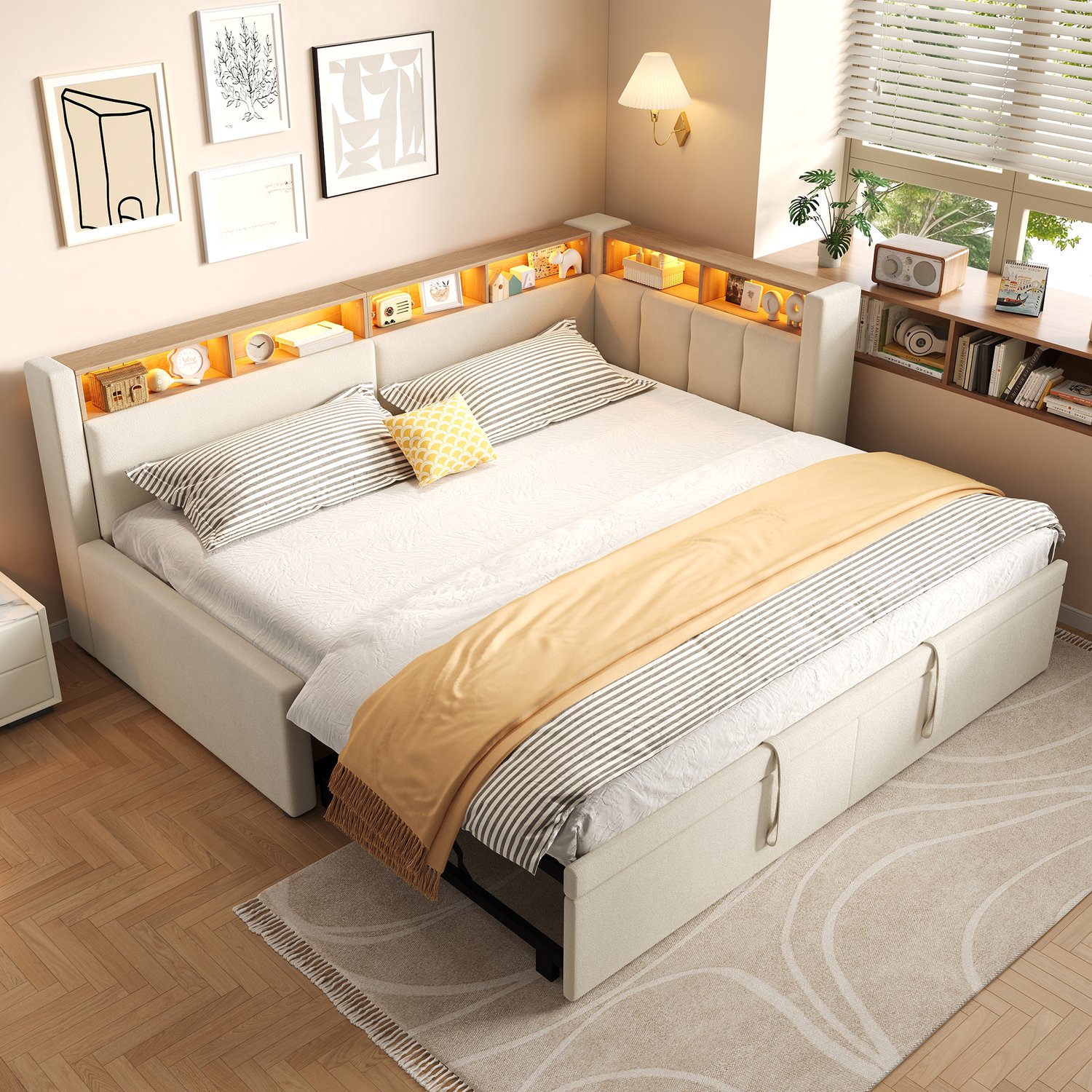 VVBV Bedbank / Daybed 90x200 – Slaapfunctie, Opbergruimte, LED-Verlichting, Uitschuifbaar, Hoofdbord, Tot 200 kg, Open Vakken – Linnen – Beige