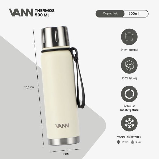 VANN® Kleine Thermoskan 500 ML – 3-Wandige RVS Thermosfles voor Koffie & Thee – 2-in-1 Dop als Beker – 100% Plasticvrij – Off-white – VANN Ritual Thermos® — cadeau in Koken & Dineren - foto 3