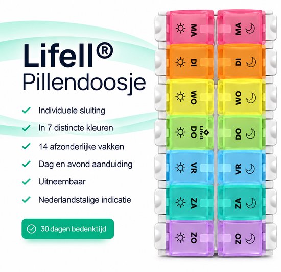 Lifell pillendoos met 14 vakken in zeven kleuren, voorzien van dag- en avondiconen.