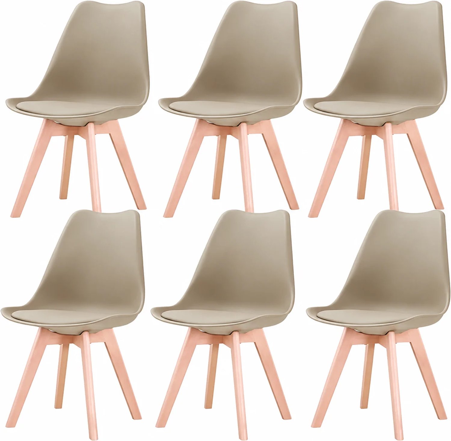 Whoopr® Set van 6 Eetkamerstoelen – Gestoffeerde Stoelen met Beukenhouten Poten – Stijlvolle Bureaustoelen voor Eetkamer, Slaapkamer, Balkon of Restaurant - Khaki