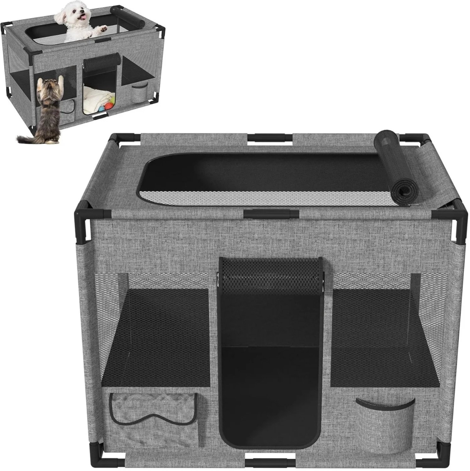 Heidat puppyren - Honden en Katten box - Mand en Speeltent - Bench voor binnen en buiten - Grijs - 100x60x60 cm