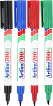 Vier Artline 700N permanente markers in zwart, blauw, rood en groen met witte huls.