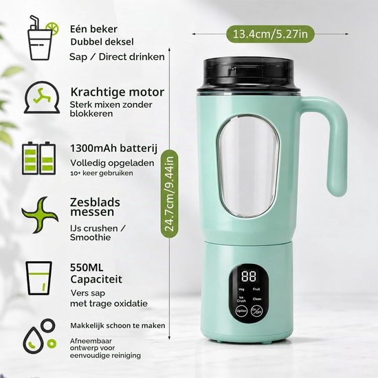 Draagbare Blender 550ml met Handvat, USB Oplaadbare Smoothie Maker voor Kantoor, Kamperen en Sportactiviteiten, Groen — afbeelding 4
