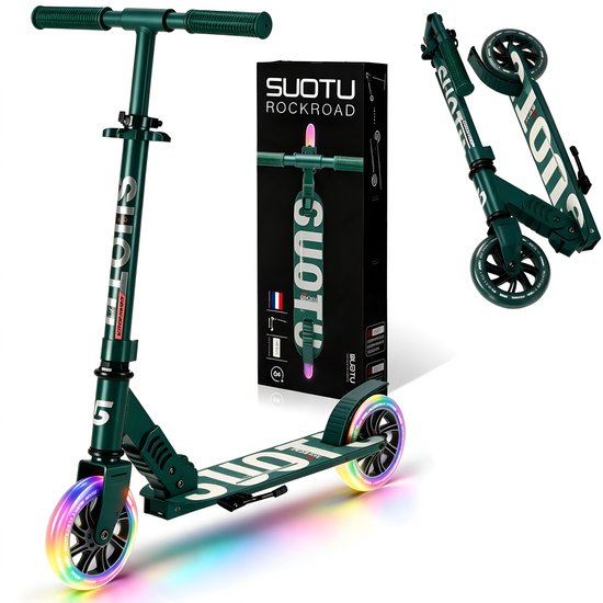 Donkergroene Suotu Rockroad step met inklapbaar frame en led-verlichte wielen, inclusief verpakking.
