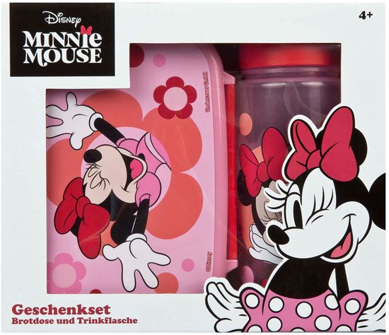 Roze Minnie Mouse geschenkset met brooddoos en drinkfles met bloemenprint en Minnie Mouse-afbeelding.