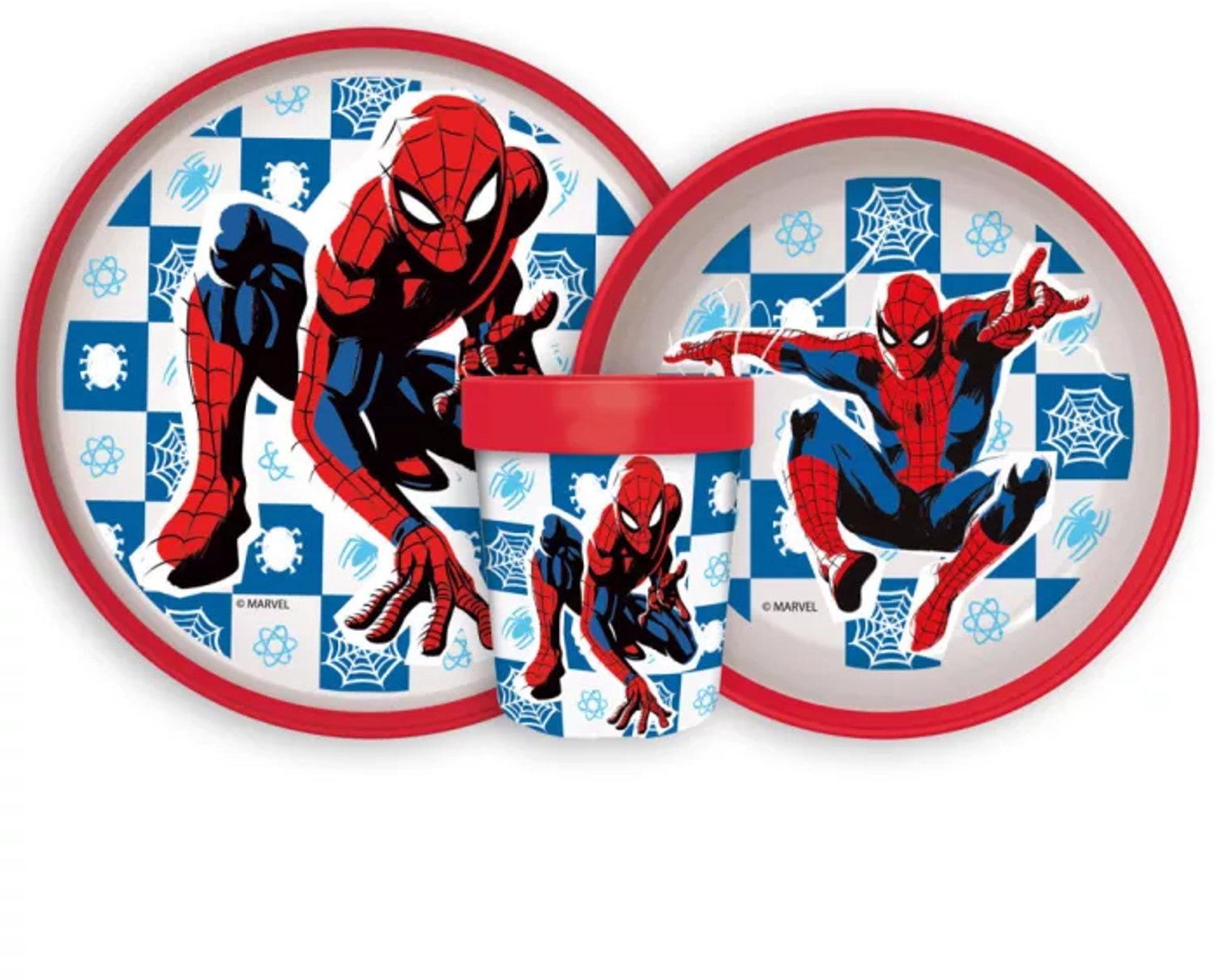 Spiderman Dinner Set – 3-delig Kinder Servies – Bord, Diep Bord en Beker 260 ml – BPA-vrij – Magnetronbestendig – Non-slip – Blauw/Rood