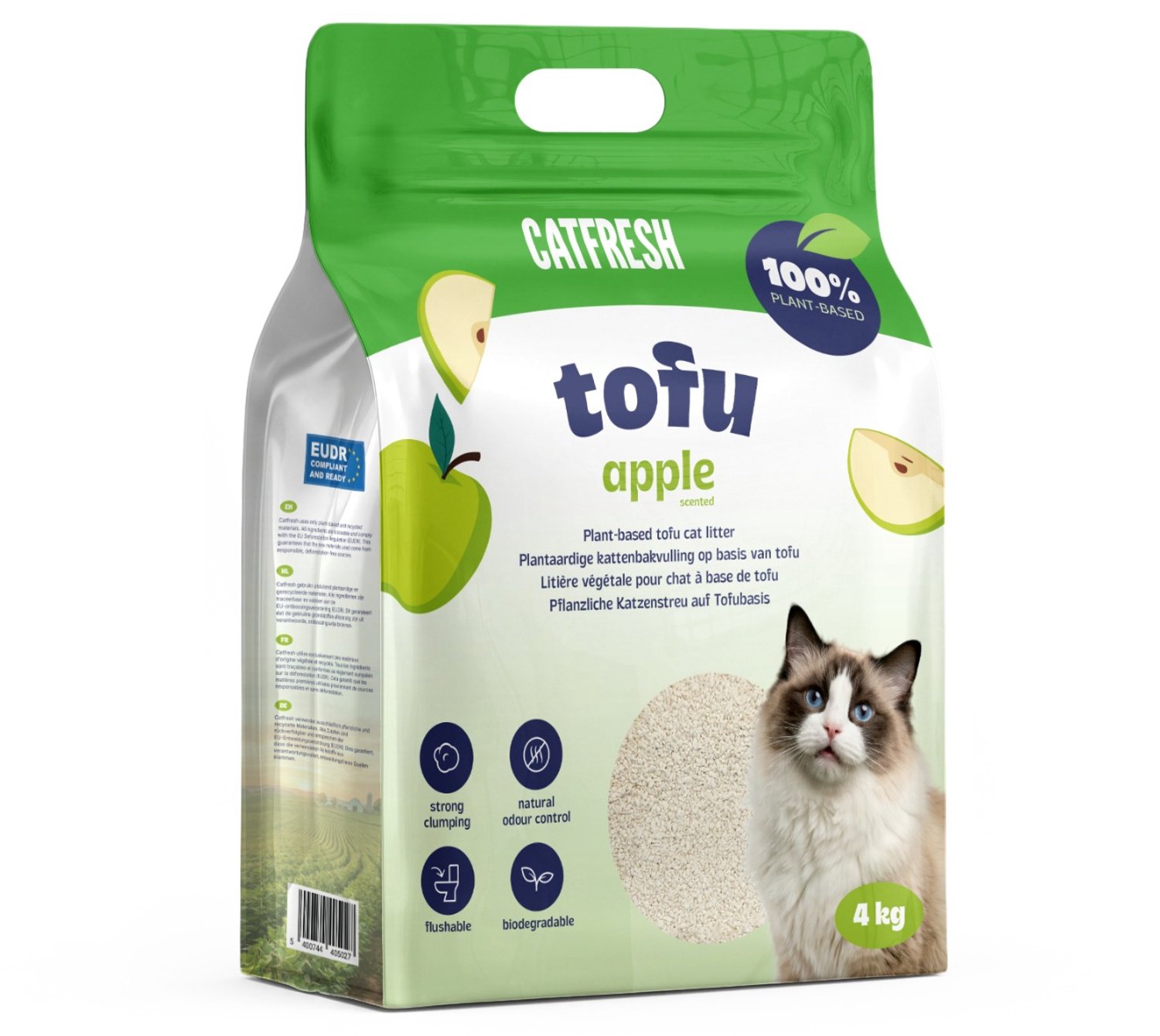 Catfresh - Tofu Appel – Kattenbakvulling – Klontvormend & stofarm – Plantaardig op basis van erwtenvezels - Frisse appel geur – 4 kg