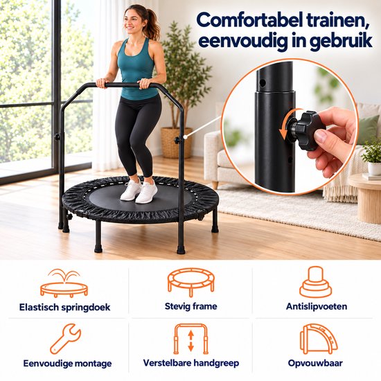 Vrouw traint op zwarte fitness-trampoline met handgreep. Tekst: Comfortabel trainen, eenvoudig in gebruik.