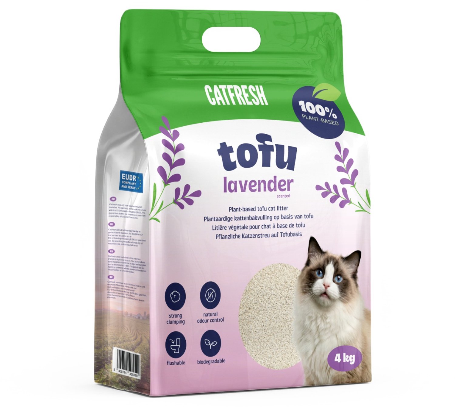 Catfresh - Tofu Lavendel – Kattenbakvulling – Klontvormend & stofarm – Plantaardig op basis van erwtenvezels - Frisse lavendel geur – 4 kg