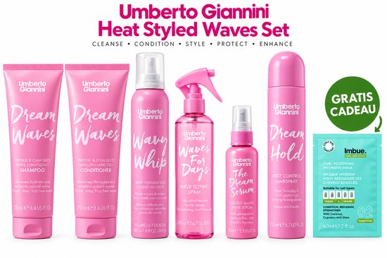 Umberto Giannini set voor golvend haar met roze flacons, sprays en een gratis Imbue haarmasker-sachet.