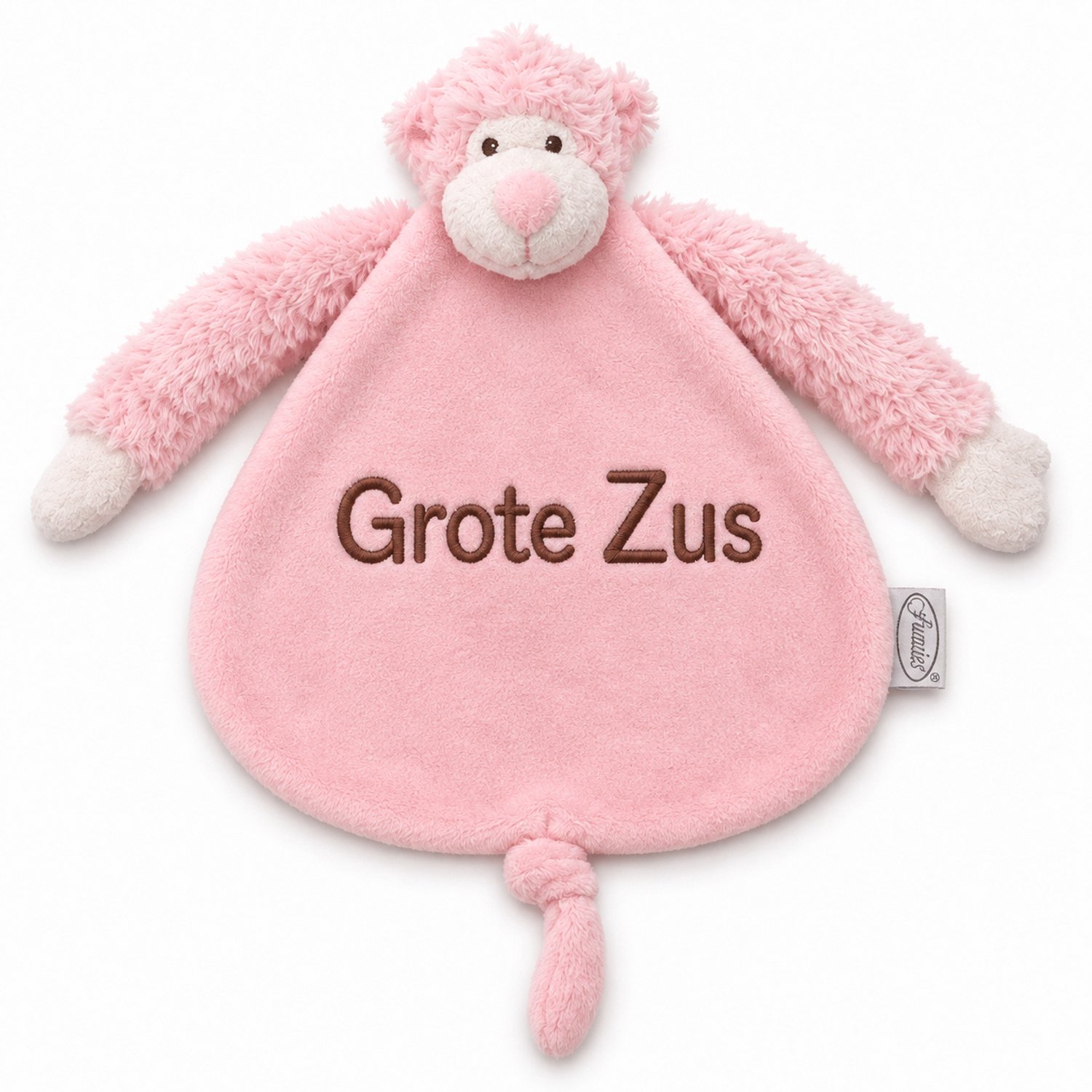 Knuffel Grote Zus – Knuffeldoekje Grote Zus – Zwangerschapsaankondiging – Aankondiging Baby – Cadeau voor Grote Zus – Roze Aap – Grote Zus