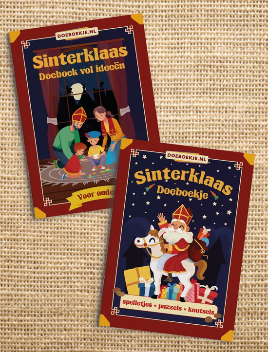 Twee Sinterklaas-doeboeken: één voor kinderen met Sinterklaas op een paard en één voor ouders met een gezin.