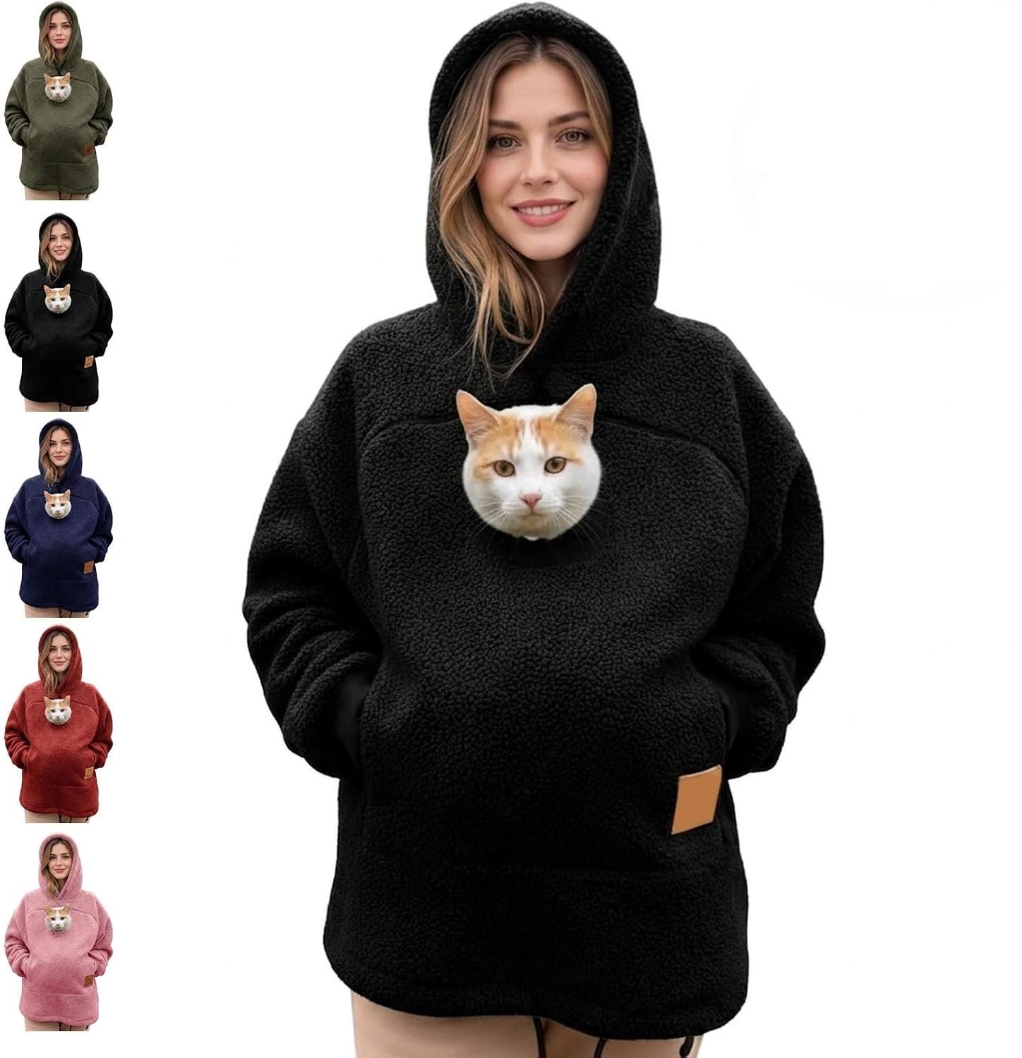 Casalora – Draagtas voor huisdieren – Draaghoodie voor huisdieren – Hoodie-ontwerp – Zacht fleece – Geschikt voor katten en kleine honden – Ritsontwerp – Warmtezak voor de handen – Losse pasvorm – Unisex – Warm en casual Zwart