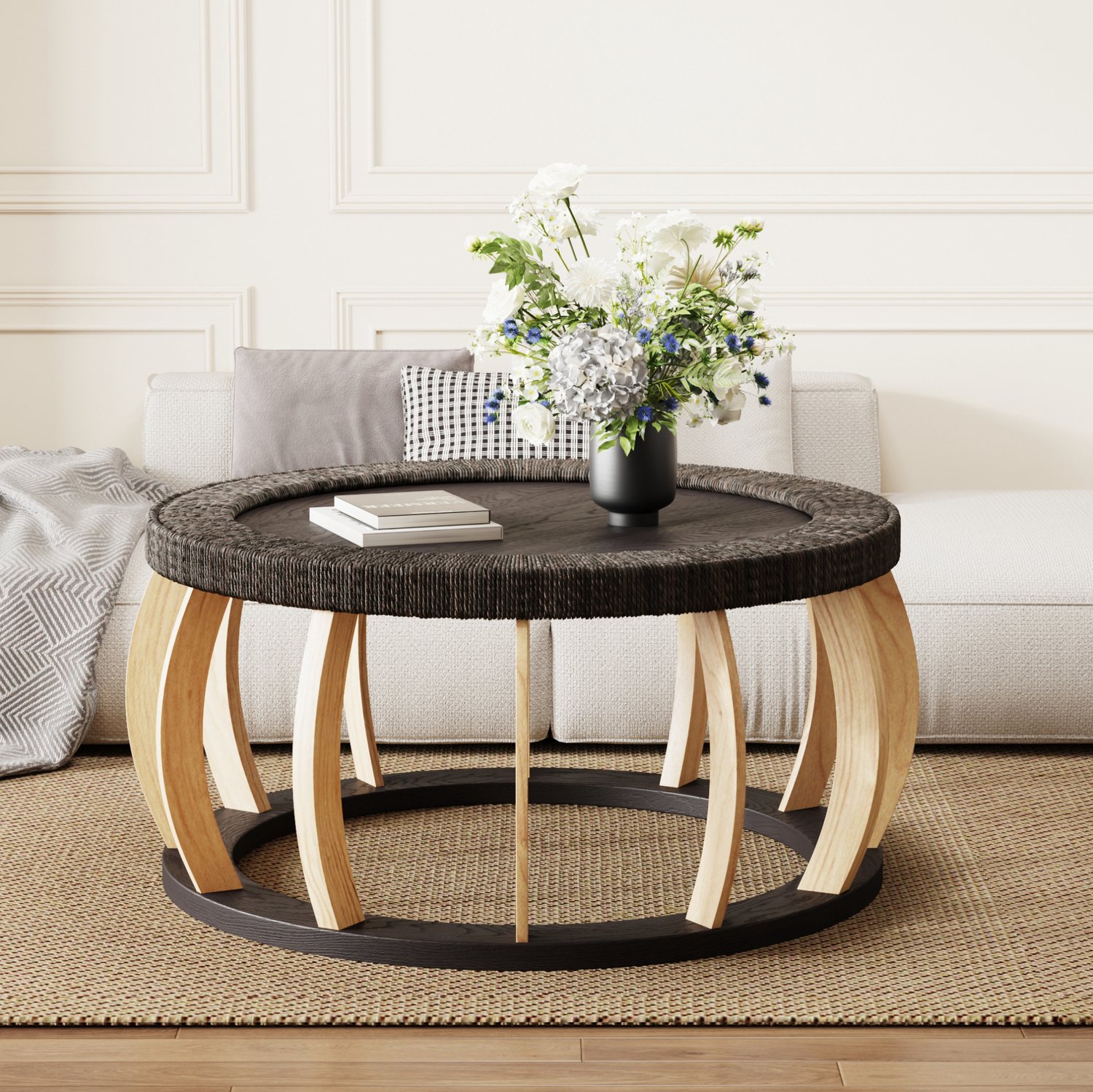 CHICFURN Salontafel 90 cm - Rond - Rotandetails - Gebogen poten - Woonkamer - Hout en MDF - Zwartbruin
