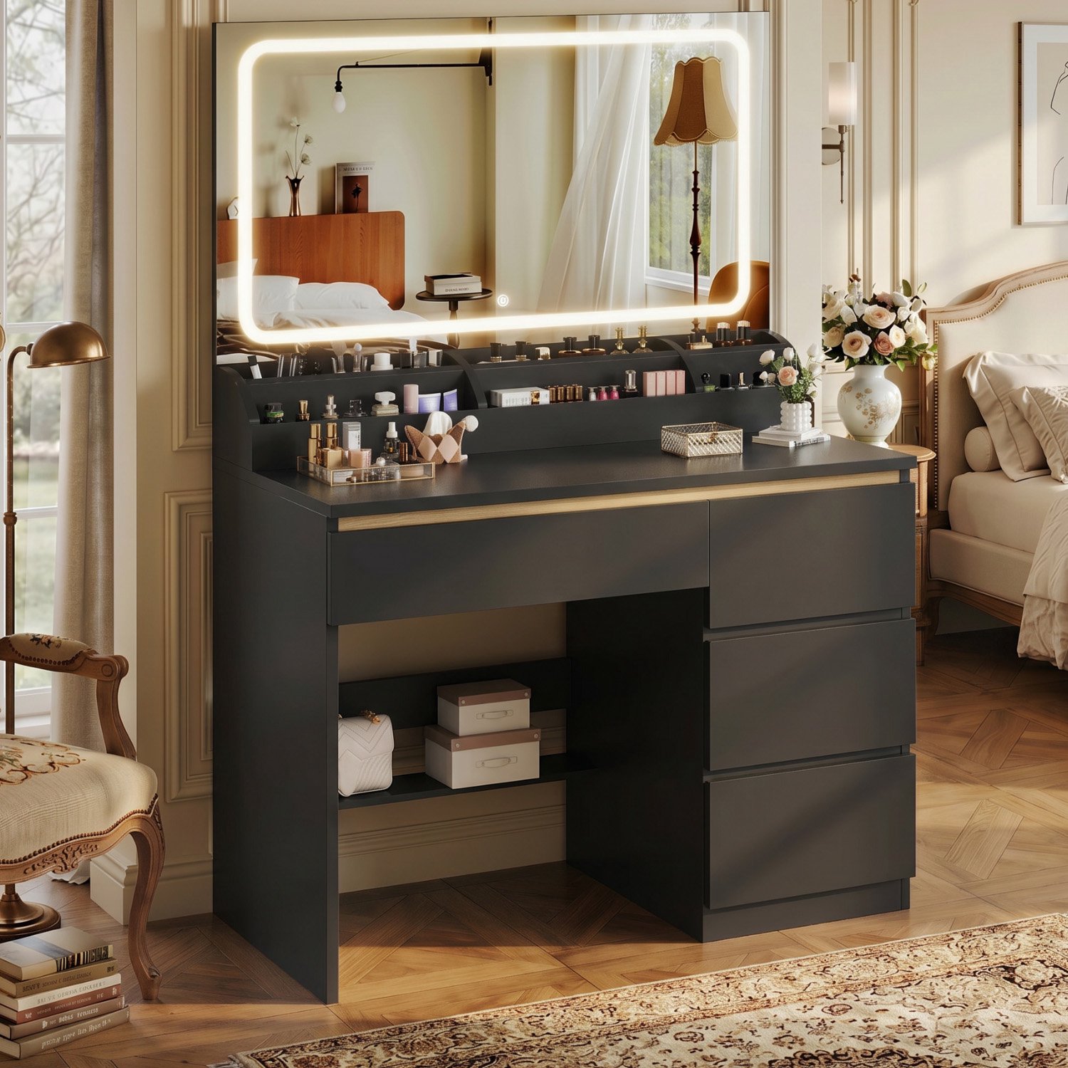 Devoko Kaptafel met 80 cm Spiegel en LED-verlichting – 3 Lichtkleuren – 4 Laden en 6 Opbergvakken – 2 Stopcontacten, 2 USB-poorten en Föhnhouder – 80 × 40 × 137 cm – Zwart