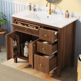 Wishdor Badkamermeubel met wastafel - Staand, zachtsluitende deuren - Vier lades en dubbele deuren - Verticale golfstructuur - Badkamer appartement - MDF en hout - Walnoot - 91 x 48 x 88 cm