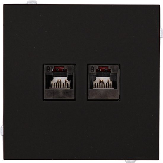 Zwarte LURANOVA inbouw wandcontactdoos met twee RJ45 CAT6 poorten, exclusief afdekraam.