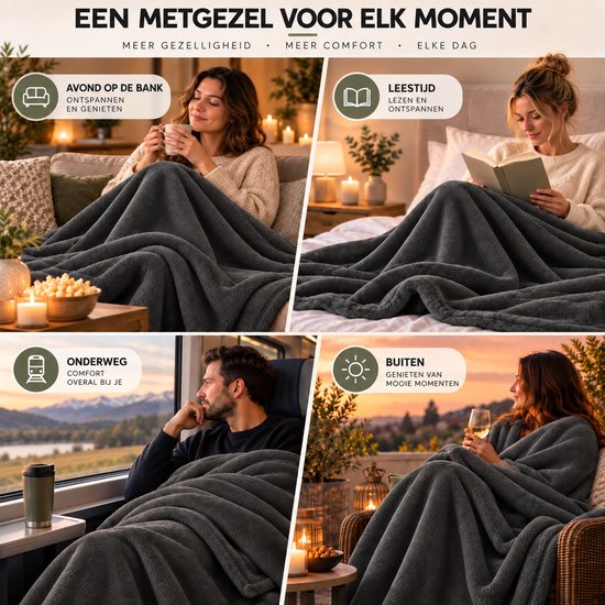 Vier scenario's met personen die onder een antracietgrijze plaid met fijn patroon ontspannen op de bank, in bed, in de trein en buiten.