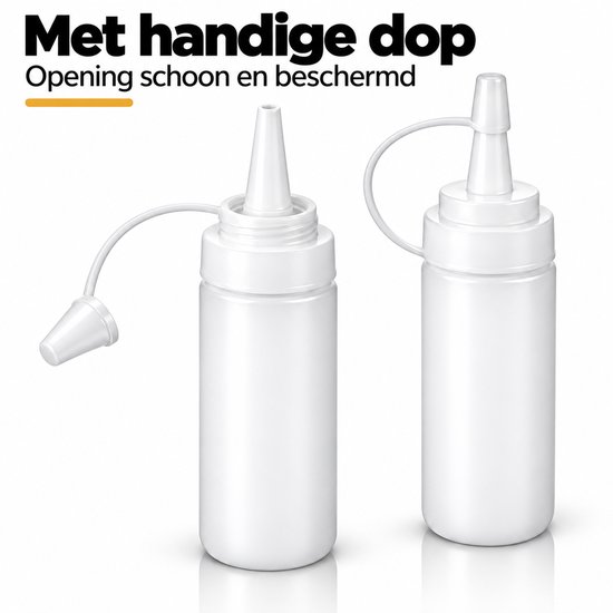 Twee witte flacons met een handige dop die de opening schoon en beschermd houdt.