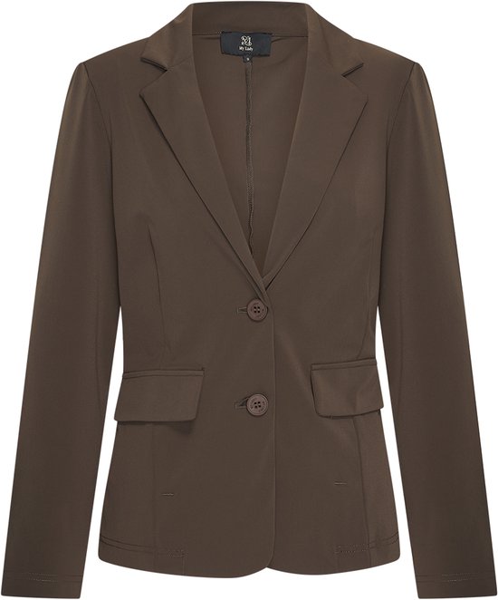 Bruine Mylady blazer met reverskraag, twee knopen en klepzakken aan de voorzijde.