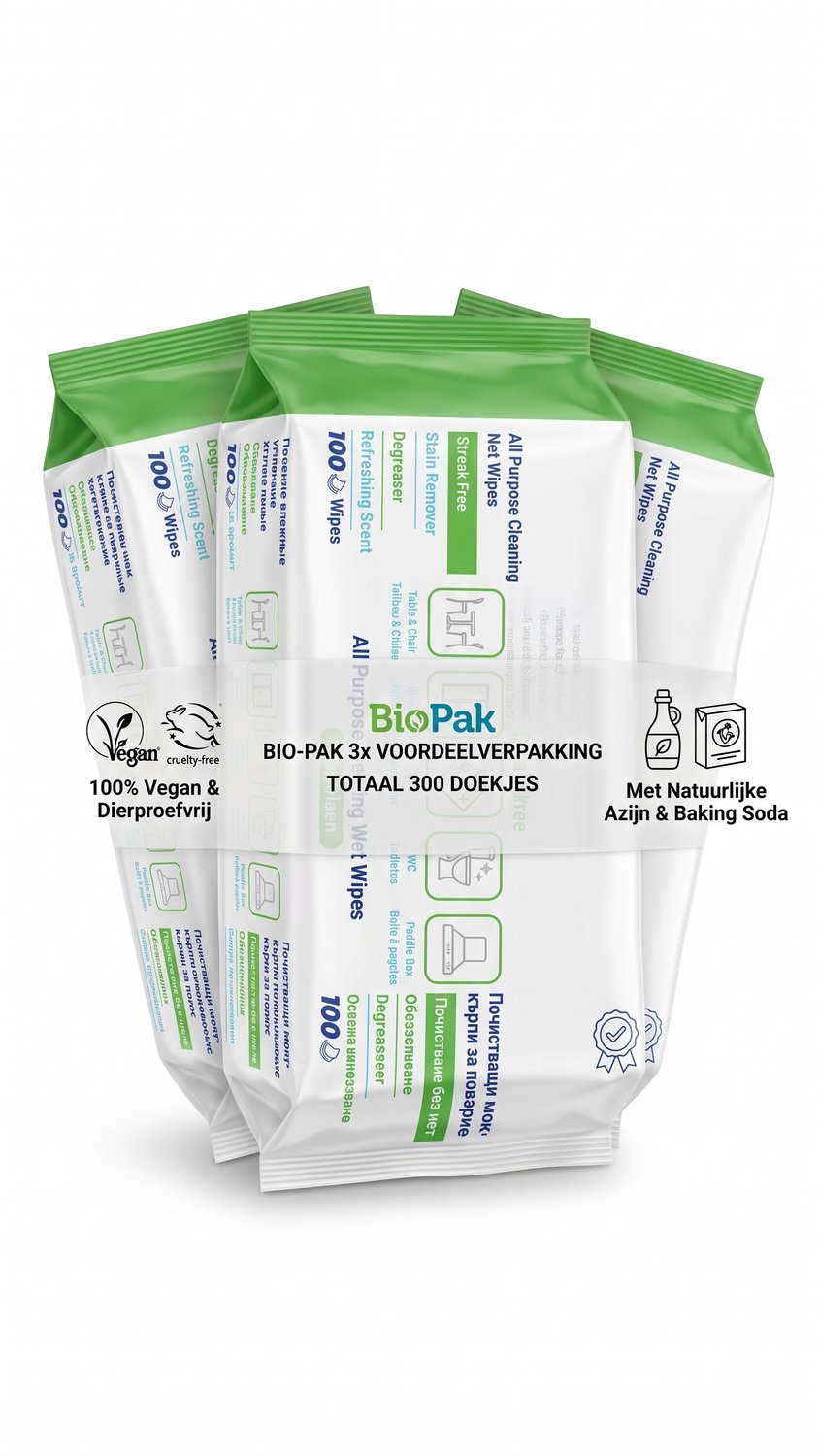 BioPak Multi-Functionele Vochtige Reinigingsdoekjes - Voordeelverpakking 3-Pack (3x 100 Stuks) - Allesreiniger met Azijn & Baking Soda - Streeploos & Sneldrogend