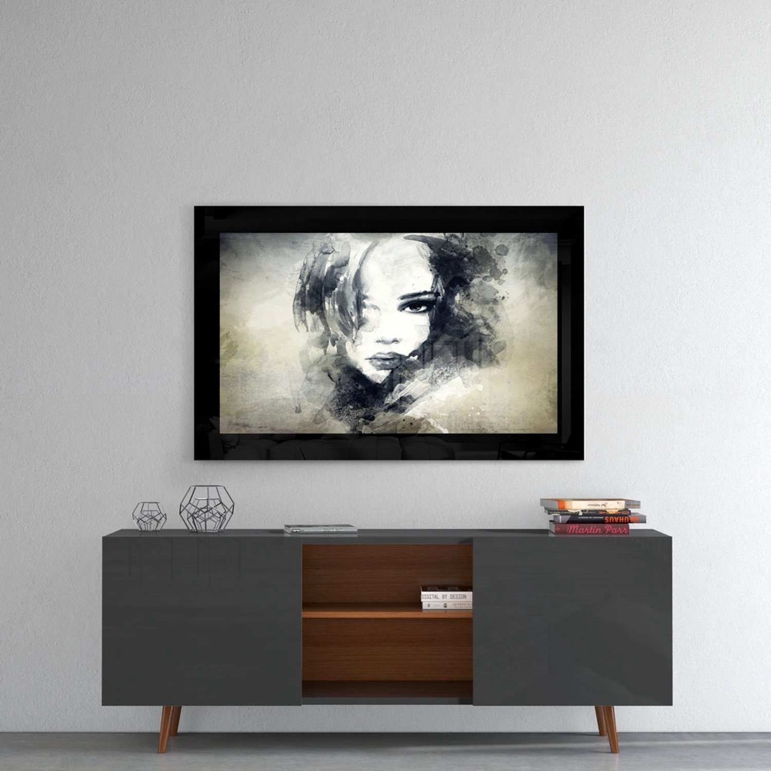 Glasschilderij – Vrouw met Waterverf- en Inktspetters – Artistieke Wanddecoratie